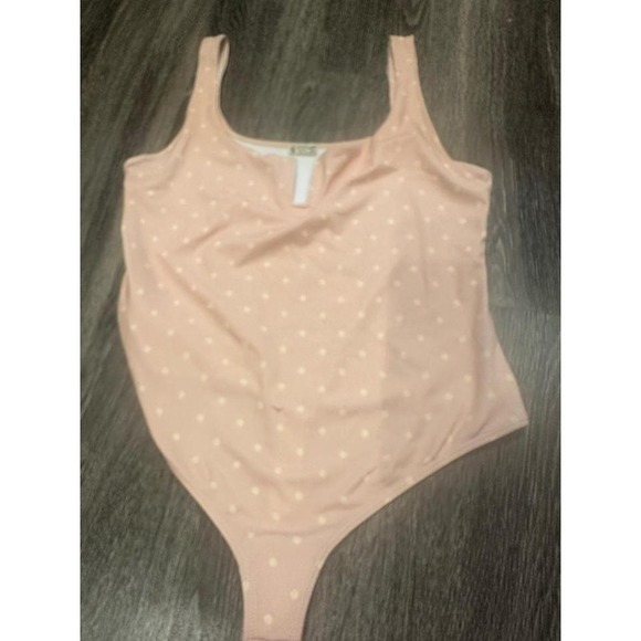 Free People Tops - Free People Polka Dot V Neck Thong Bodysuit Pink Women's L